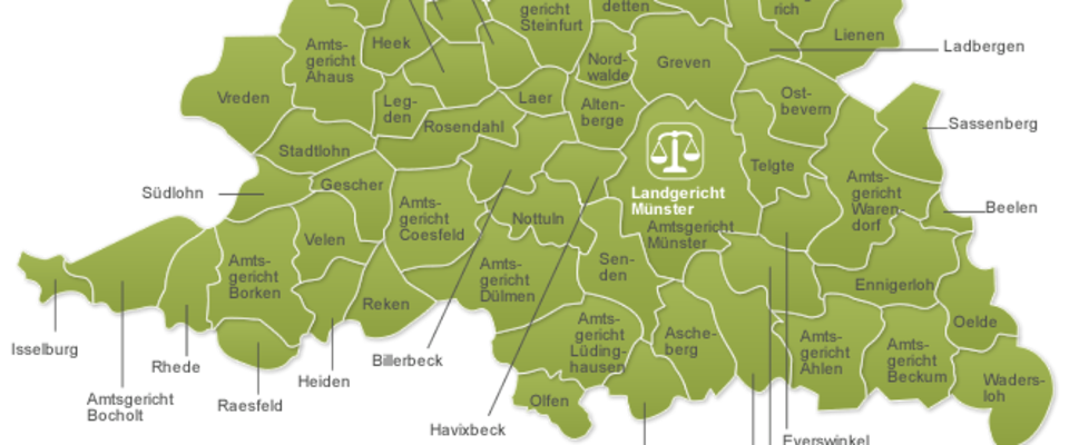 Die Orte im Landgerichtsbezirk Münster unter Angabe der Amtsgerichte (Grafik).