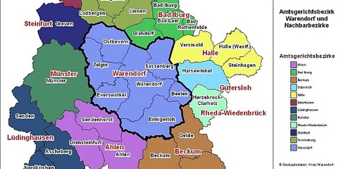 Das Bild zeigt eine Karte über den Bezirk des Amtsgerichts Warendorf und der angrenzenden Amtsgerichtsbezirke.