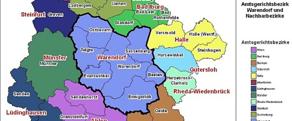 Das Bild zeigt eine Karte über den Bezirk des Amtsgerichts Warendorf und der angrenzenden Amtsgerichtsbezirke.